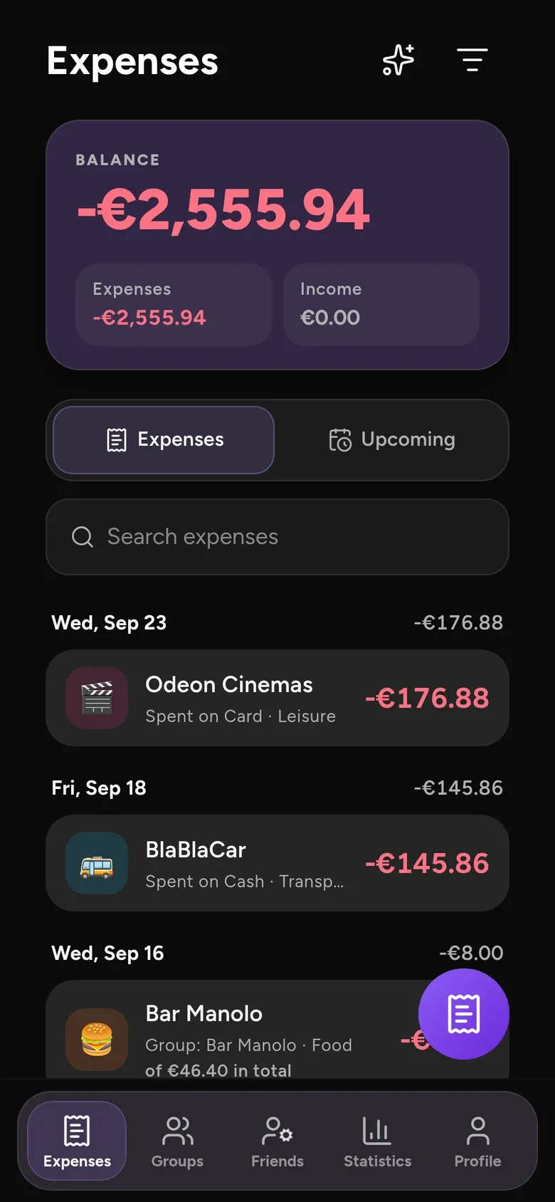 Every expense you have in one place, with your balance on top.