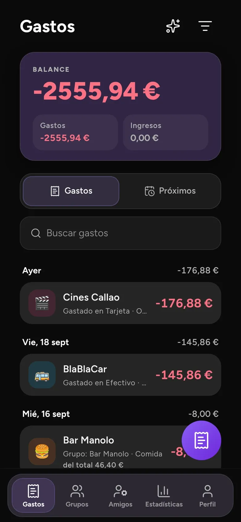 Todos tus gastos en un sitio, con tu balance arriba.