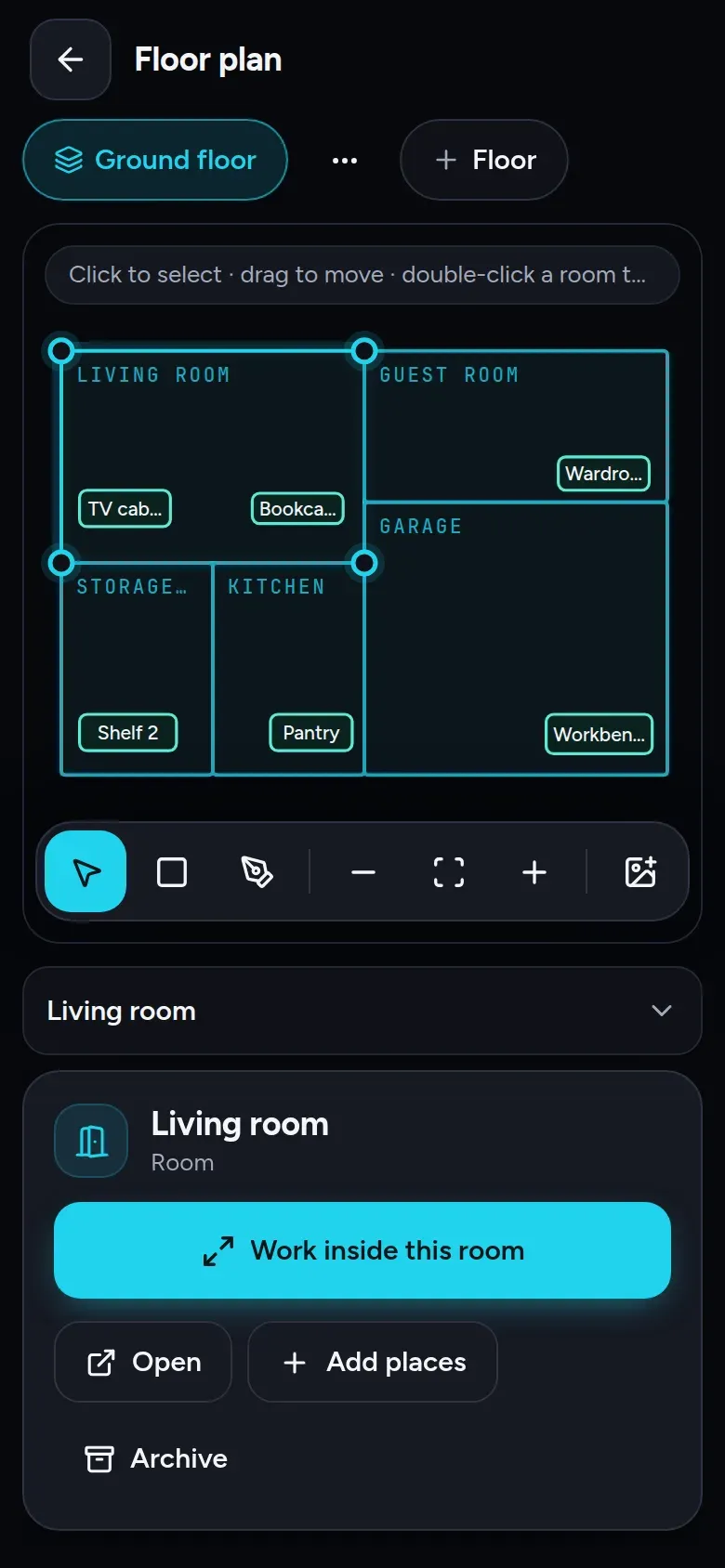 The floor plan: rooms drawn as rectangles, with the containers inside them.