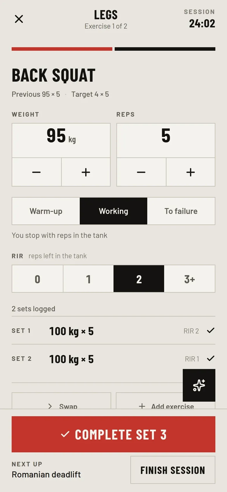 Logging a back squat set: weight, reps and reps in reserve.