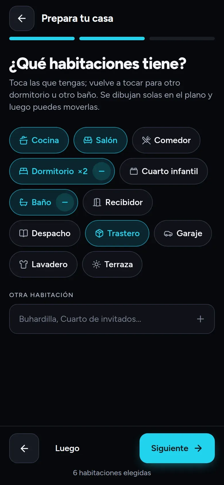 Preparar una casa nueva: eliges sus habitaciones de una lista y se dibujan en el plano con lo que suele haber en cada una.