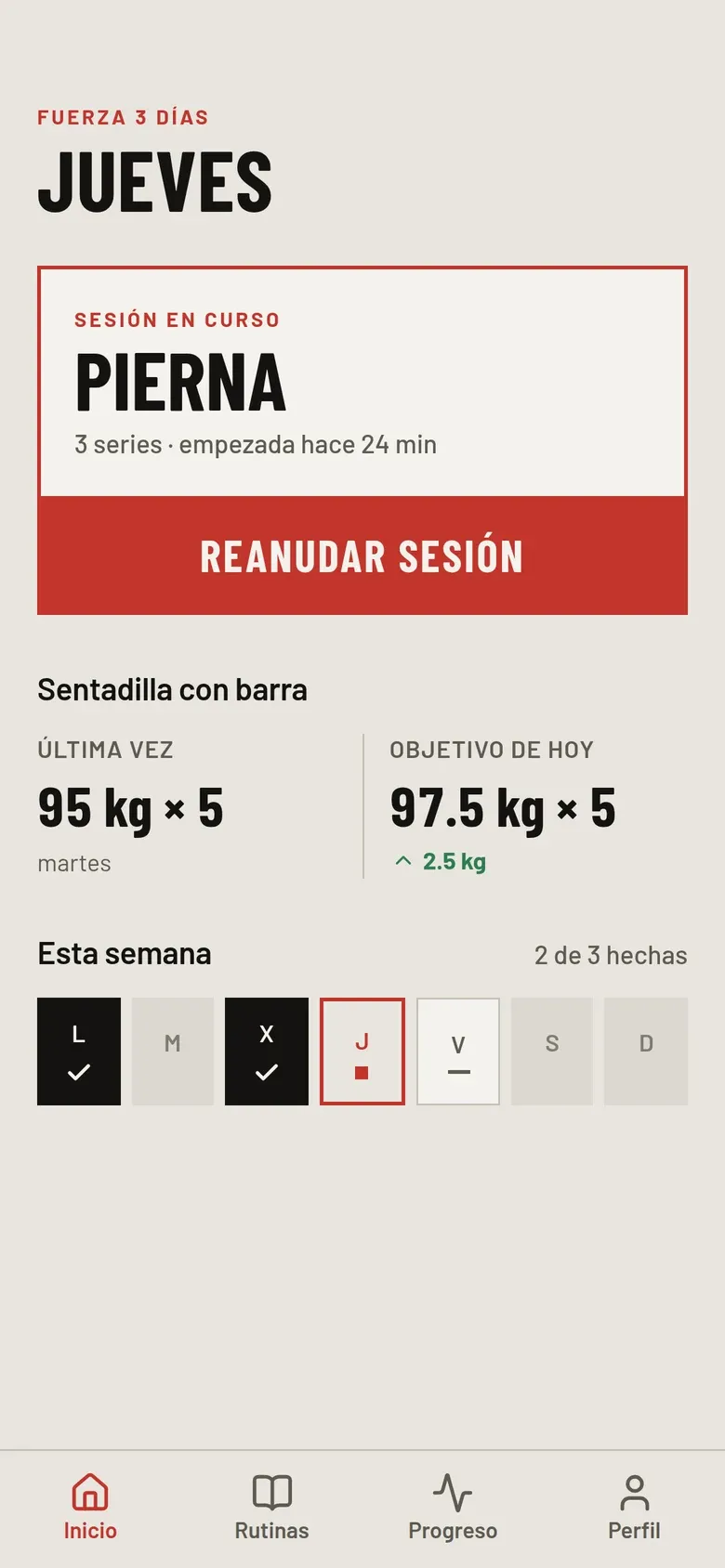 La sesión de hoy, lo que hiciste la última vez y la semana de un vistazo.