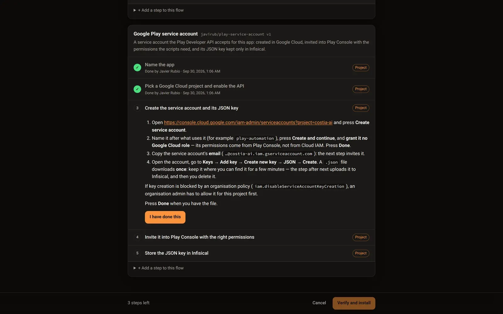A skill’s set-up in the browser: each step with who has to do it, checked as you go.